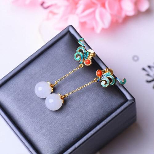 Natural Hetian Jade White Jade Stud Earrings Ancient Chinese Style Super Fairy Court S925 Sterling Silver Earrings Cloisonne Orn