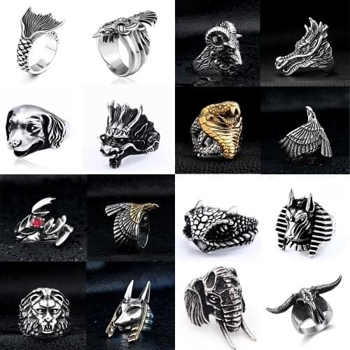 Animals Mens Ring 316L Stainless Steel Eagle Elephant Dog Wolf God Fish No discoloration Rings Party Motorcyclists Finger-Ring