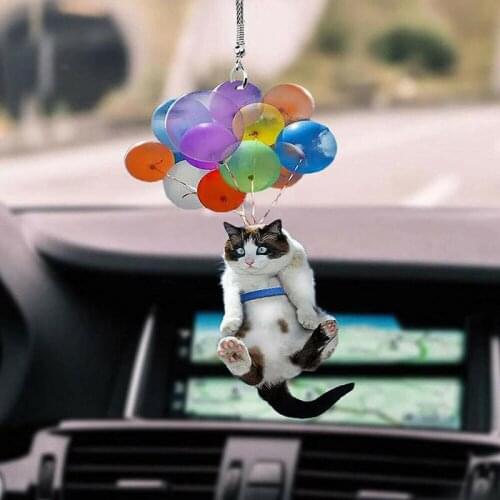 Cute Cat Car Rear View Mirror Flying Cat Pet Hanging Ornament With Colorful Balloon Car Interior Pendant Figurines Miniatures