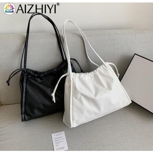 Fashion Women PU Leather Lattice Pattern Solid Color Shoulder Shopping Bag Ladies Casual Drawstring Large Capacity Tote Handbags