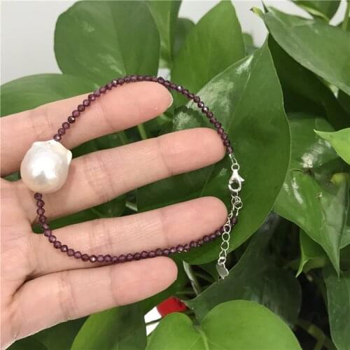Natural Tiny Shining garnets stone 2-3MM Real Big Baroque 14x18MM Pearl Bracelet 7"Tibetan Silver clasp +3CM