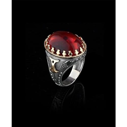 Natural Amber 925 Sterling Silver Men Turkish Style Rings for Mens