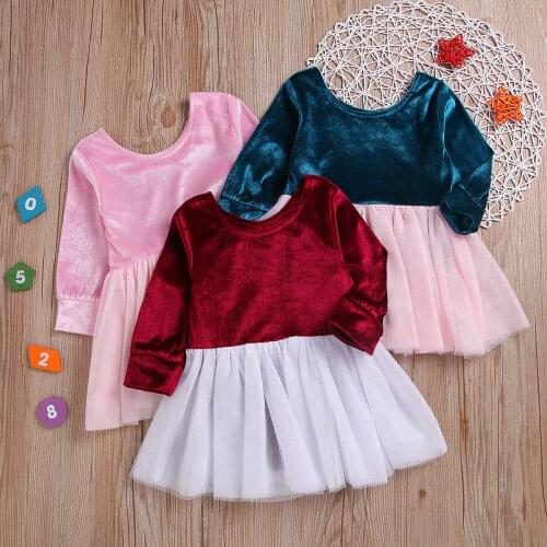 Baby Girls Dress Spring Gold Velvet Long Sleeve Mesh Princess Sweet Dress Cotton Solid Color Stitching Mesh Cute Dress