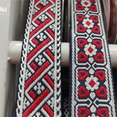 Polyester Cotton Woven Jacquard Webbing 30 mm Width Red Navy White Ethnic Ribbon Tape For Garment Bag Strap Sewing Accessories