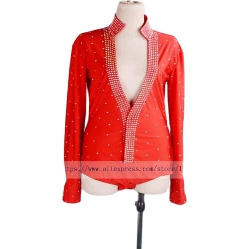 Customizing red Latin shirts Latin Dance Dress Clothing Salsa Leather Belt Competition man shirt Black spandex fabric