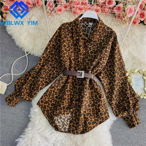 Leopard Print Shirts Women Fashion Lapel Long Sleeve Shirt Loose Womens tops and Blouses Plus Size Long Blouse With Belt