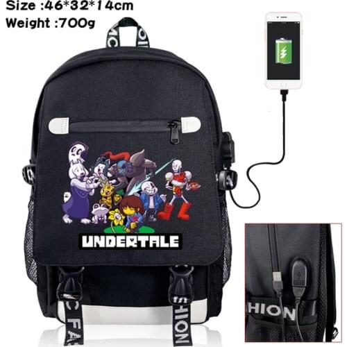Undertale San Skull Bag USB Port Backpack Rucksack Travel School Bag Boys Girls Book Bag Day Pack Black Front Zipper