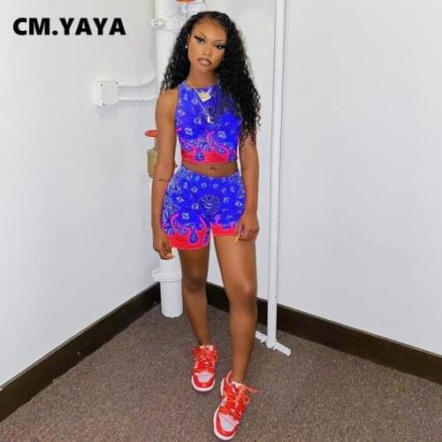 CM.YAYA Women Set Print Sleeveless Crop Tops Strechy Shorts Two Piece Set Active Tracksuit Sweatsuit Jogger Sporty Outfit Summer
