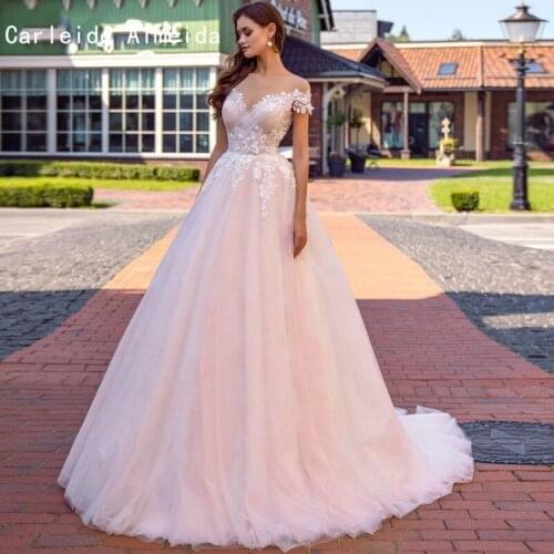 Vestido de noiva Cap Sleeve Appliques Beaded A-Line Wedding Dresses 2021 Graceful Pleated Tulle Court Train Sexy Wedding Gown