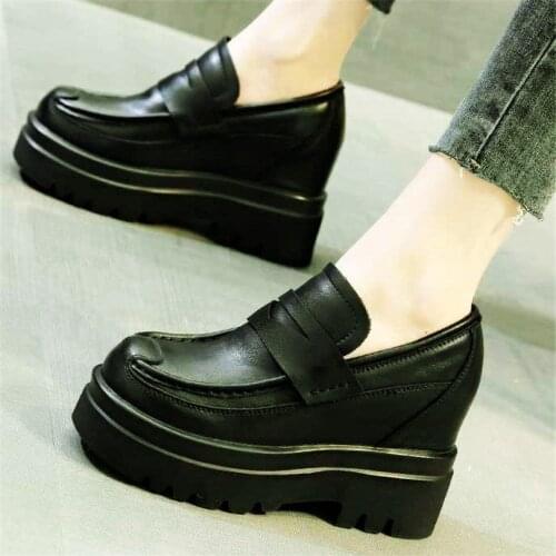 Party Pumps Womens Cow Leather Round Toe Platform Wedge Ankle Boots High Heels Oxfords Creepers Casual Pull On