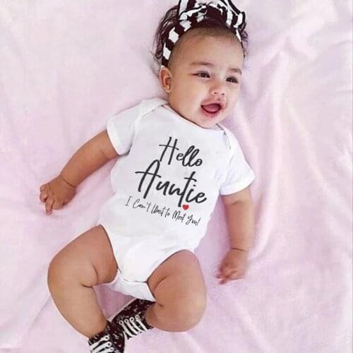 Hello Auntie I Can't Want to Meet You Summer New Style Baby Girls Boys Rompers Short Sleeve Newborn Baby Clothes Print 0-24M