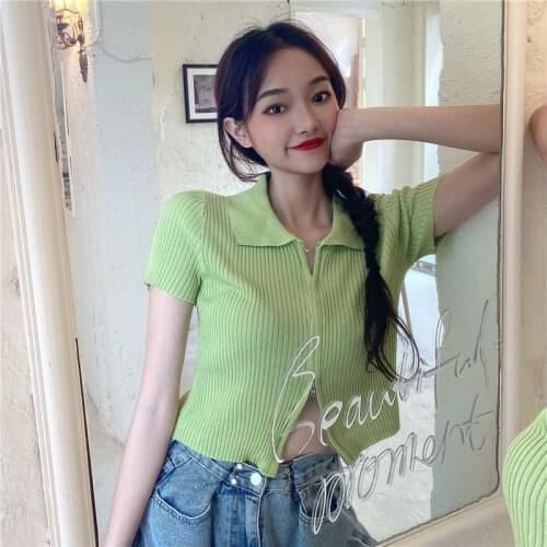 Woman TShirts Polo Knitted Cardigan Womens Jacket Crop Top Mujer Camisetas
