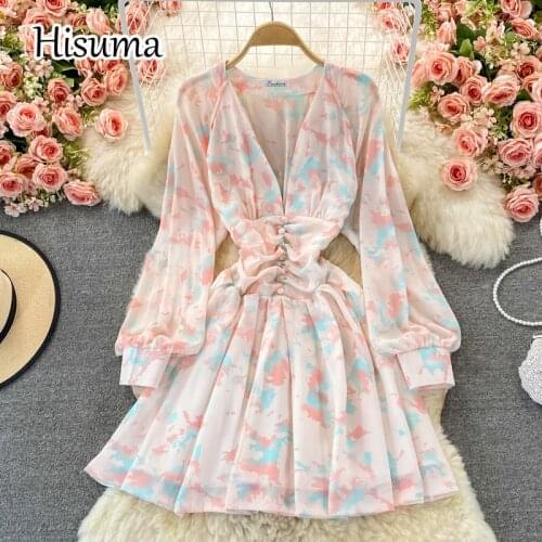 2021 autumn new women V-neck lantern sleeve singe breasted chiffon A-line dress female Chic elegant waist print party dresses