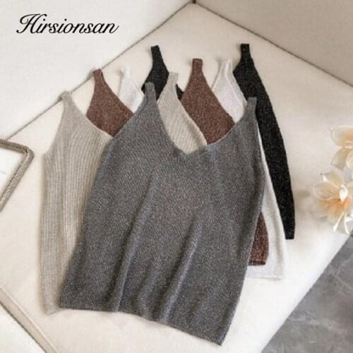 Hirsionsan Sequins Vest Women 2020 Summer Korean Sexy Knitted Camisole V Neck Slim Camis Solid Color Stretchy Female Tank Tops