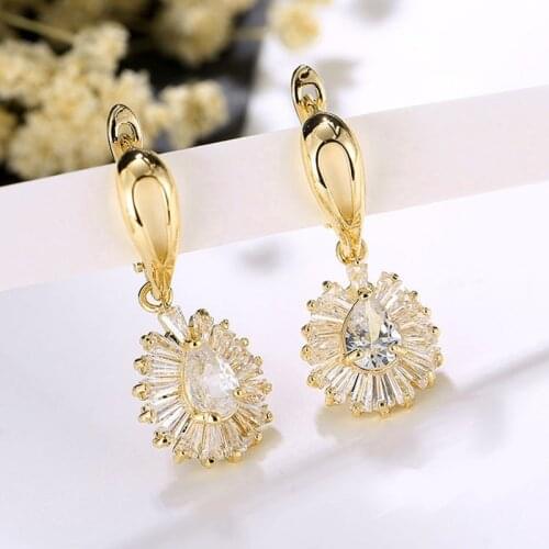 ZHOUYANG Hanging Earrings For Women Korean Jewelry Waterdrop Zircon Earing Pendants Gold Color Luxury Flower Jewellery KBE146