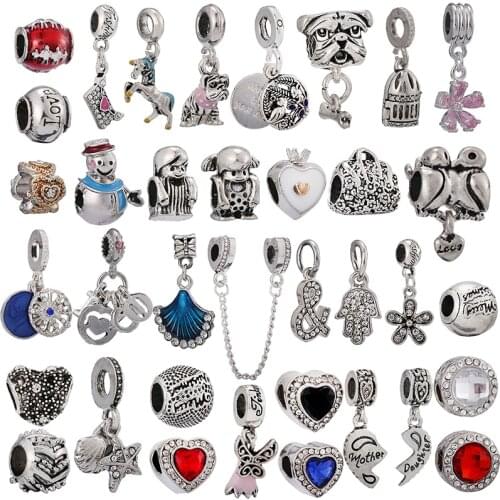 2Pcs/Lot Alloy Silver Color Unicorn And Puppy Charm Beaded Ladies Diy Brand Bracelets And Necklaces Women Fashion Jewelry Making