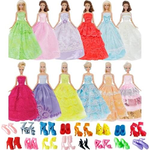 Random 13 Items = 3x Wedding Party Dress Princess Gown + 10x Mixed Style Colourful Shoes DIY Accessories for Barbie Doll Clothes