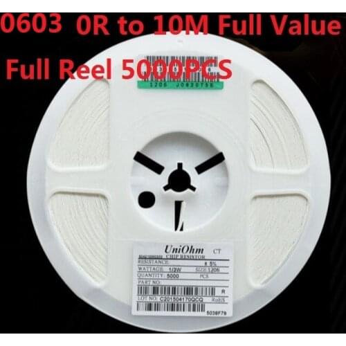 5000PCS SMD Chip Resistor 0603 10K ohm 5% 1/8W chip resistors (0 ohm to 10M) ohm 0R 10R 1K 2.2K 3.3K 4.7K 10K 100K 470K Ohm Kit