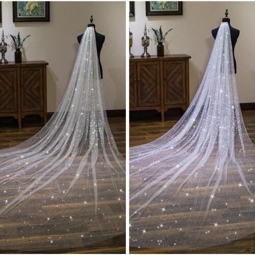 Bling Bling Star Long Cathedral Bridal Veil 2019 3M Long Gold ivory Bridal Wedding Accessories One Layer With Comb