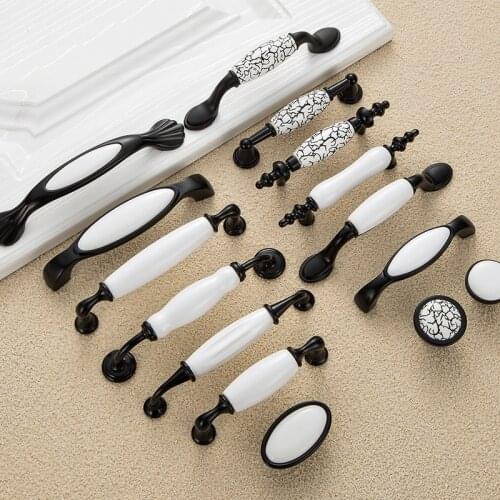 Black White Door Handles Rural Style Ceramic Drawer Pulls Crackle Kitchen Cabinet Handles and Knobs Furniture Handles