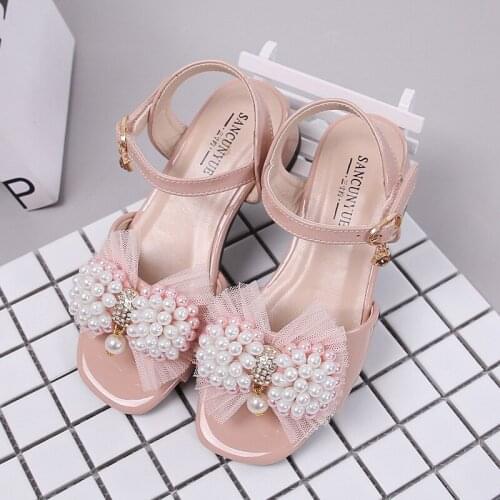 203 Childrens Shoes Girls Sandals 2020 Summer New Pearl Bow Chunky-Heel Princess Shoes Factory Wholesale