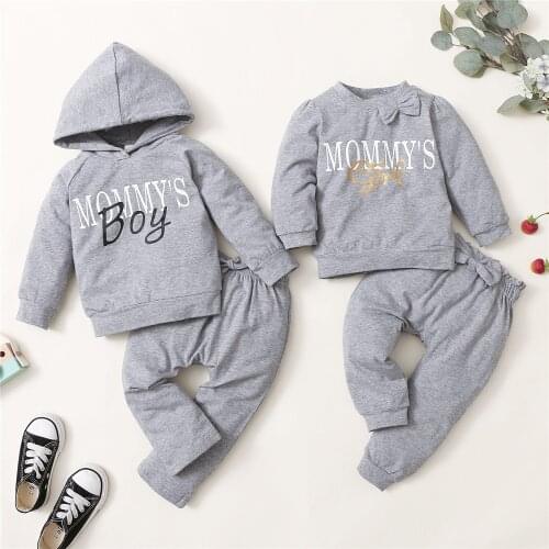 2Pcs Kids Tracksuits, Letters Print Hooded Long Sleeves Sweatshirt + Elastic Waist Casual Pants for Boys, Gray, 1-5 Years