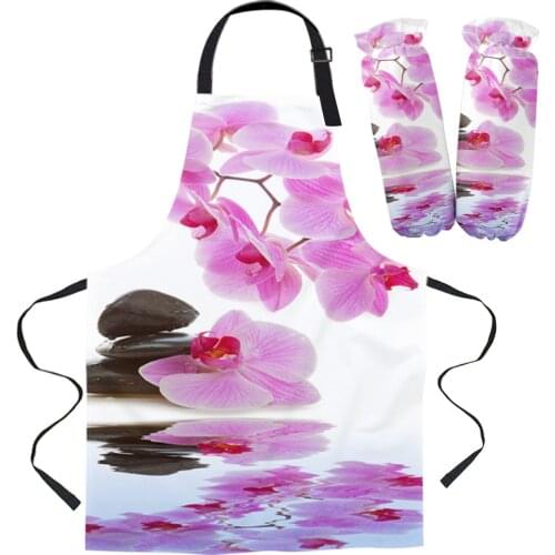 Flower Pink Orchid Reflection Kitchen Aprons Chef for Woman Kids Home Decor Apron Suit Gloves Cooking Baking Waist Bib Tool