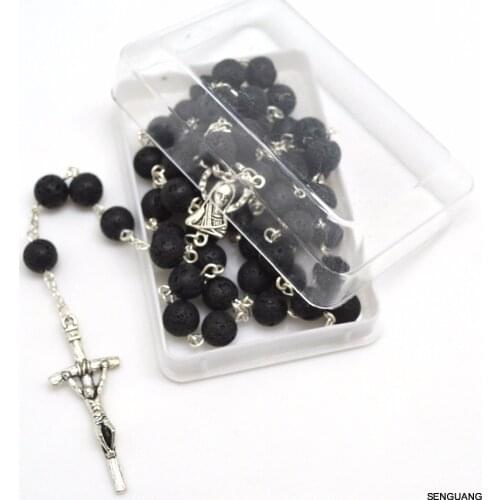 Christian gift natural black volcanic lava stone rosary necklace religious round beads crucifix rosary