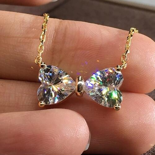 18K Yellow Gold Women Pendant Necklaces Moissanite Diamonds Heart Bowknot Wedding Party Engagement Anniversary Present Trendy
