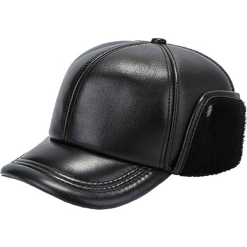 Genuine leather leifeng cap hat mens brand new sheep skin leather hats caps ear flap black with Faux fur inside