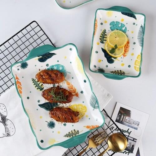 EECAMAIL Hand-painted Ceramic Baking Plate Binaural Breakfast Plate Rectangular Western Plate Household Microwave Baking Plate