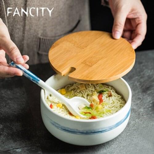 FANCITY Japanese ceramic soup bowl with lid instant noodle bowl large ramen bowl instant noodle bowl for student dormitory large