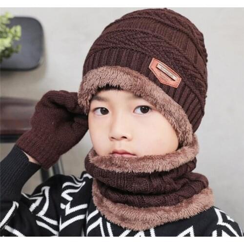 2019 Kids Winter Knitted Hat And Scarf Gloves Set Boy Girls Warm Plush Hat 3 Piece Sets Child New Outdoor Ski Cap Scarves Solid