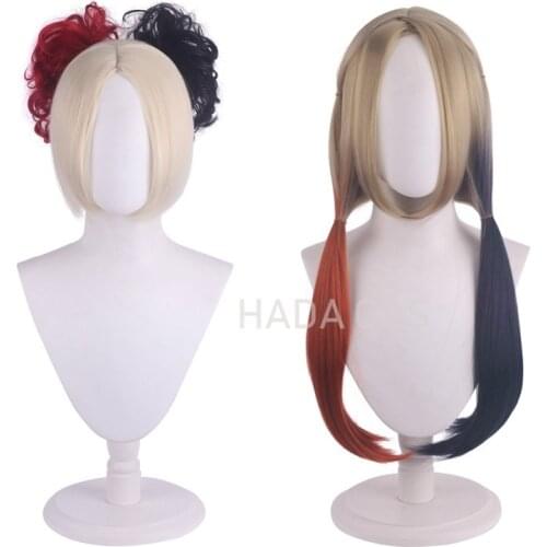 Movie 2021 Suicide 2 Squad Harley Cosplay Costume Quinn Red Dress Wig Red and Blue Double Color Double Ponytail Cos Props