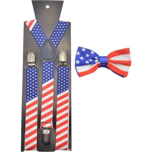 Hot Sale Men Women Suspenders America USA Flag Braces Bowtie Set Adult Bow Tie & Suspender Set