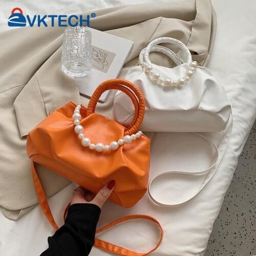 Fashion Women PU Leather Solid Color Shoulder Crossbody Messenger Bag Casual Ladies Pearl Chain Small Handbags Purse