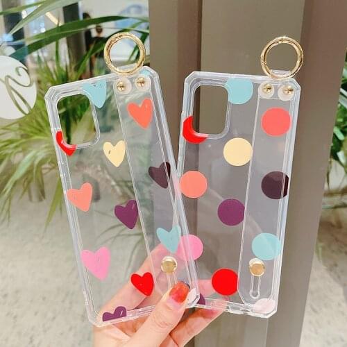 Love Heart Wrist Strap TPU Phone Case for Samsung Galaxy A71 A70 A51 A82 A21S A81 A72 A50 A31 Transparent Wristband Back Cover