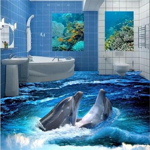 Beibehang Floor Wallpaper Stereoscopic Dolphin Ocean Bathroom wall Floor Mural PVC Wallpaper Self-adhesive Floor painting