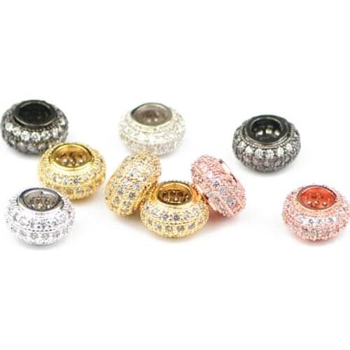 2pcs/lot Tire Shaped Flat Round Copper Beads Pave Crystal Wheel Metal Spacer Loose Bead For Jewelry Bracelet Necklace Making DIY