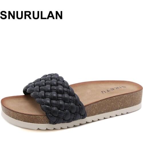 SNURULANWomens Summer Shoes Cork Sole Beach Slippers Weave Non-Slip Slides Flip Flops Woman Casual Comfortable Slippers ForHome