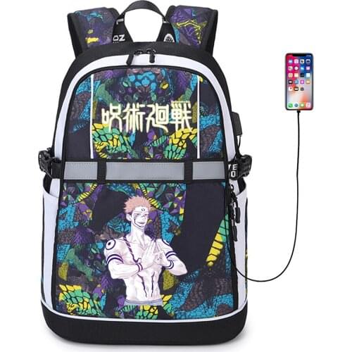 Anime Jujutsu Kaisen Reflective Stripe USB Backpack Student Bookbag Oxford Zipper Cartoon Teenger Knapsack Schoolbag Bag