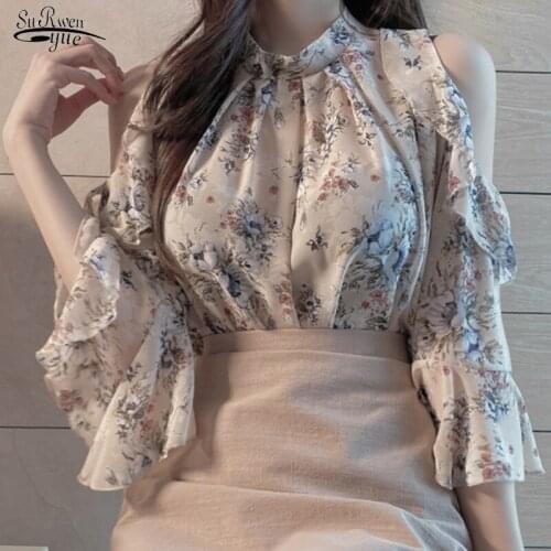 2021 Summer New Short Sleeve OL Chiffon Shirts Women Off-Shoulder Pullover Floral Loose Blouses Women Blusas Mujer De Moda 9930