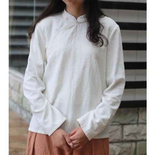 Women Loose Autumn Cotton Linen Jacquard Chinese Style Blouse Tops Ladies Vintage Solid Color Shirt Female 2020 Spring Tops
