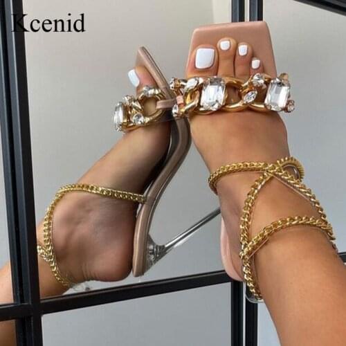 Kcenid Women Sandals Summer 2021 Female Shoes Woman Elegant Crystal Party Shoes Cross-Tied Chain Design Clear High Heels Pumps