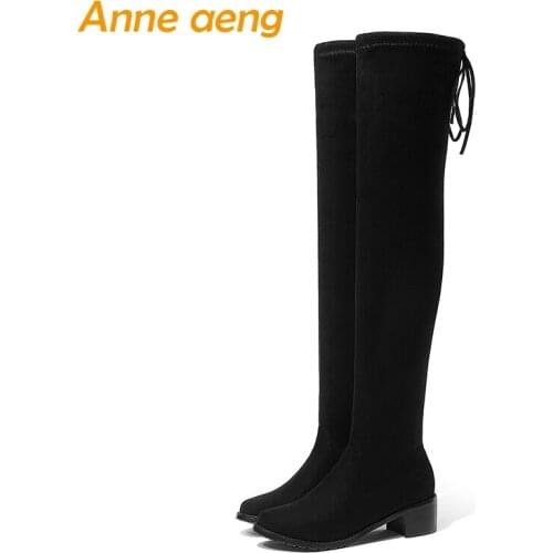 2019 new Spring/Autumn ladies elastic kid suede shoes middle square heel women over the knee black motorcycle boots size 34-43