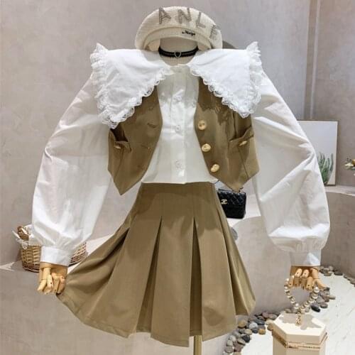 High Quality Autumn 3 Pcs Suits For Women Long Sleeve Shirt Blouse + Vest + Pleated Skirts Sets Korean Sweet There Piece Sets