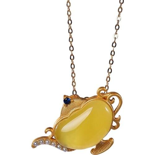 S925 sterling silver gold-plated natural amber pearl pendant retro personalized teapot womens necklace pendant