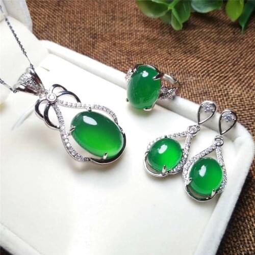 Jadery Vintage 925 Sterling Silver Jewelry Sets Natural Green Chalcedony Jade Necklace/Earrings/Ring Women Jewelry Gifts 328 New