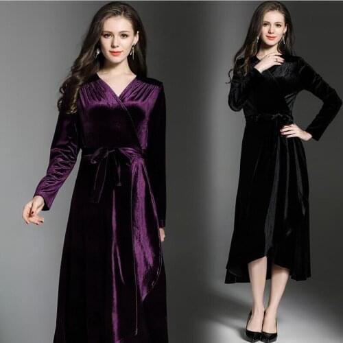 Office Lady 2020 spring velvet A-line long dress solid V-neck full sleeves empire sashes dress Vestido plus size women dress
