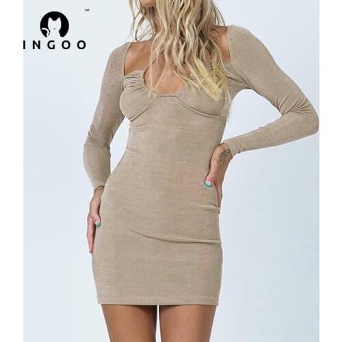 INGOO Halter Pleated Bodycon Dress Women Sexy Party Drawstring Hollow Bandaged Mini Dresses Solid Long Sleeve Backless Clubwear